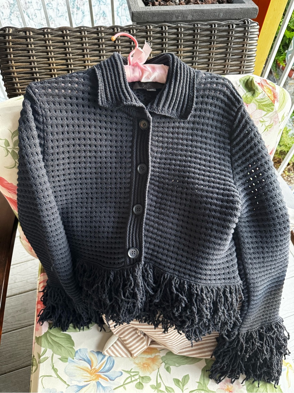 Zara Black Open-Knit Button Fringed Cardigan